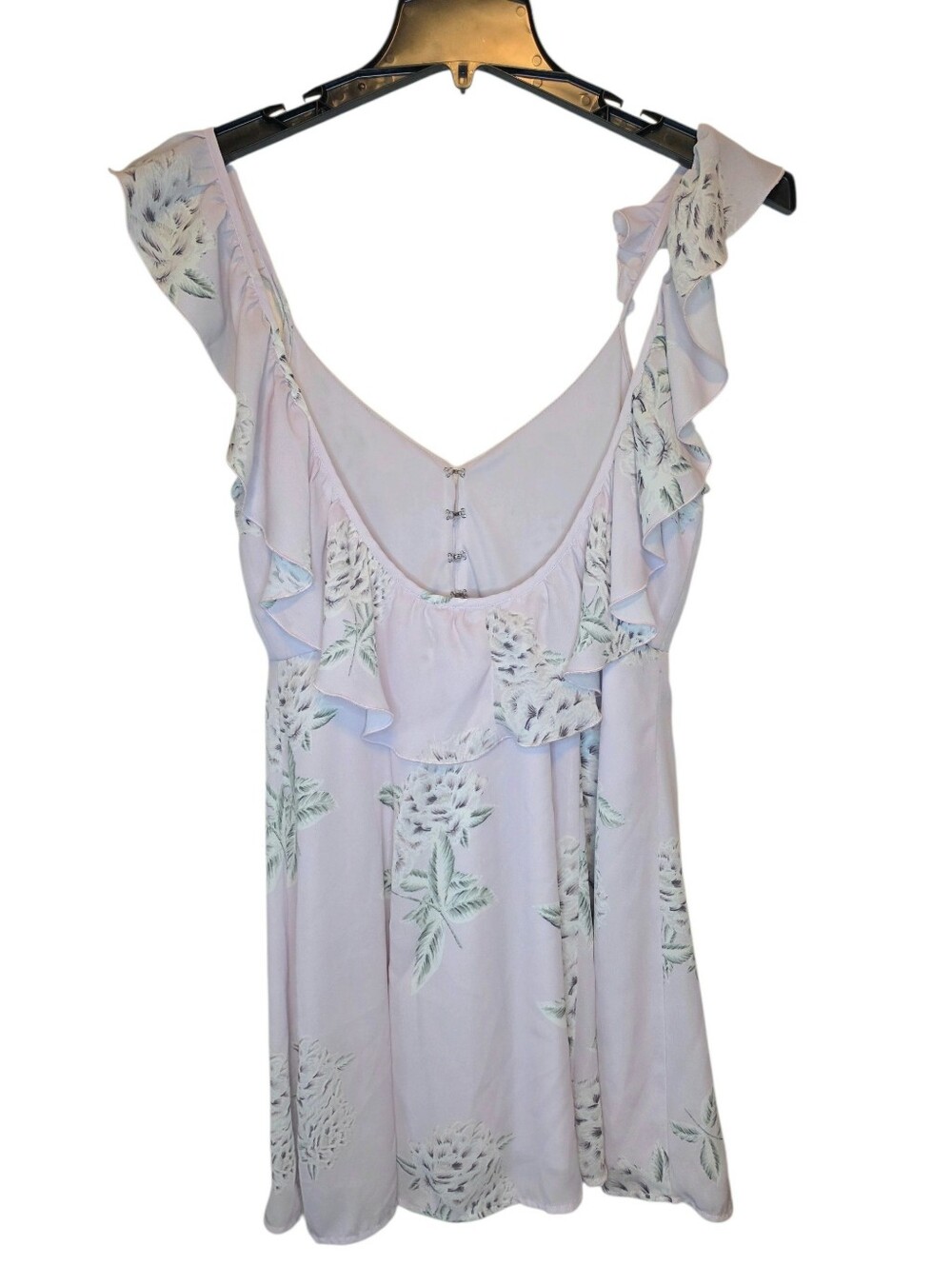 Show Me Your Mumu Lilac Floral Ruffle Strap Mini Dress, Small - Picture 5 of 8